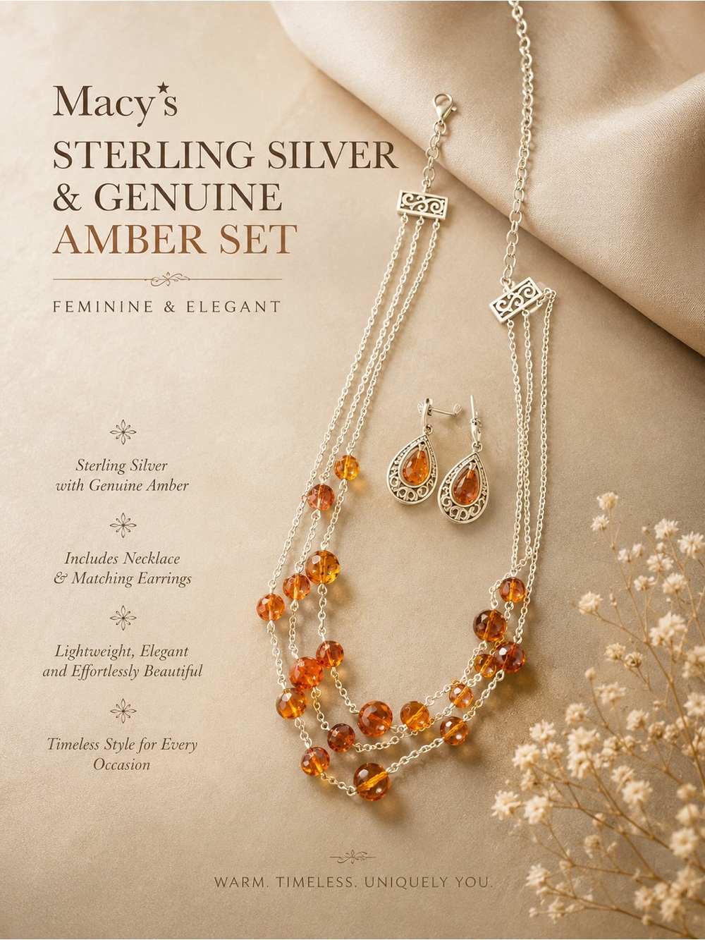 Macy's Sterling Silver and Genuine Amber Set  - Feminine and Elegant